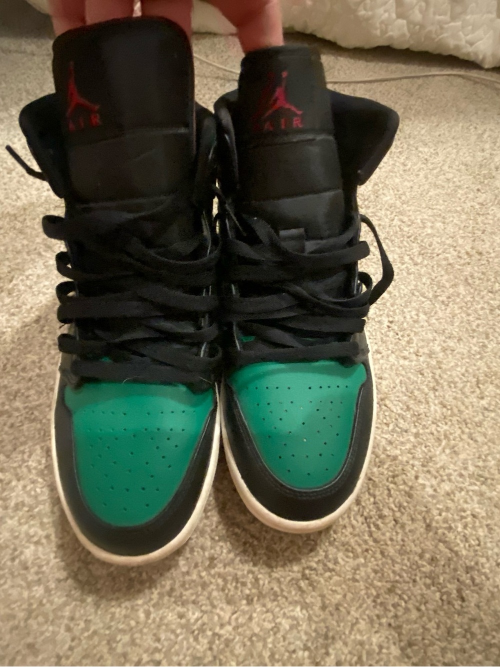 Jordan 1’s 2019 High Top Sneakers in Black & Green with Red Jumpman - Picture 2 of 8